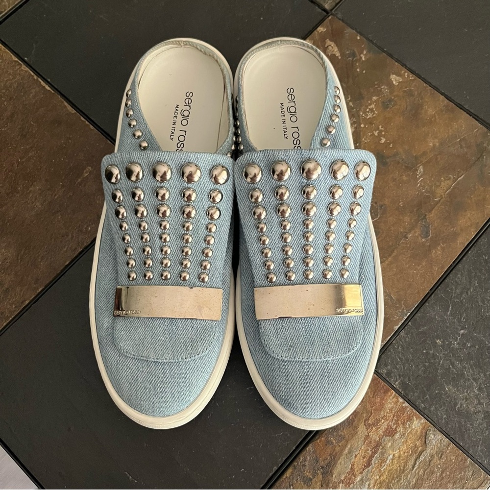Sergio Rossi Light Blue Studded Mule Sneakers Size 38